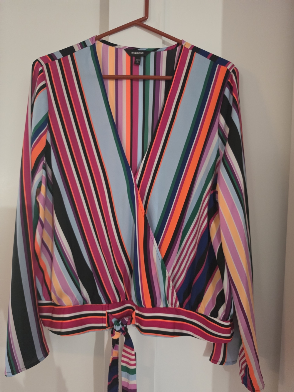Express Multicolor Striped Wrap Blouse with Front Tie